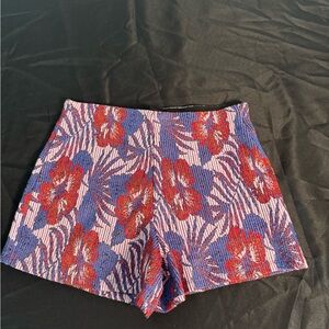 Zara Red and Blue Floral High Waist Shorts